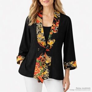 Soft Surroundings Medium Black Kimono-Inspired Floral Trim Jacket Topper
